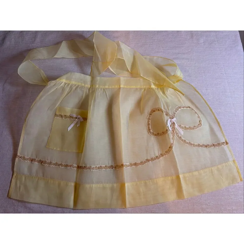 Vintage  1950s Yellow Hostess Half Apron Sheer Mid Century Housewife Bow Ribbon!